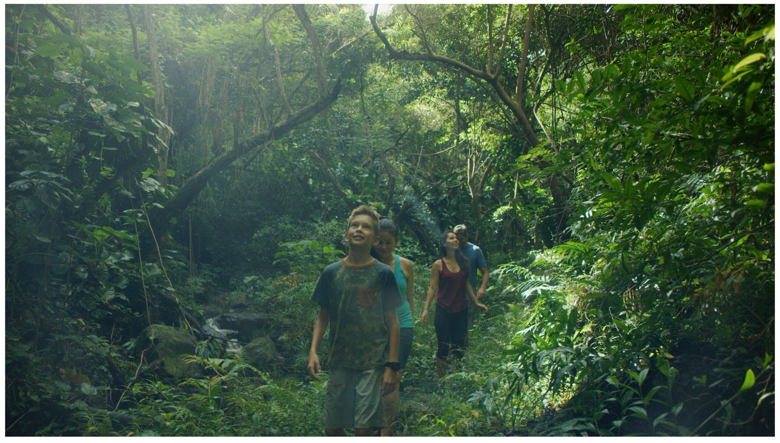 Family hiking through a rainforest and exploring on the island of Kauai Hawaii