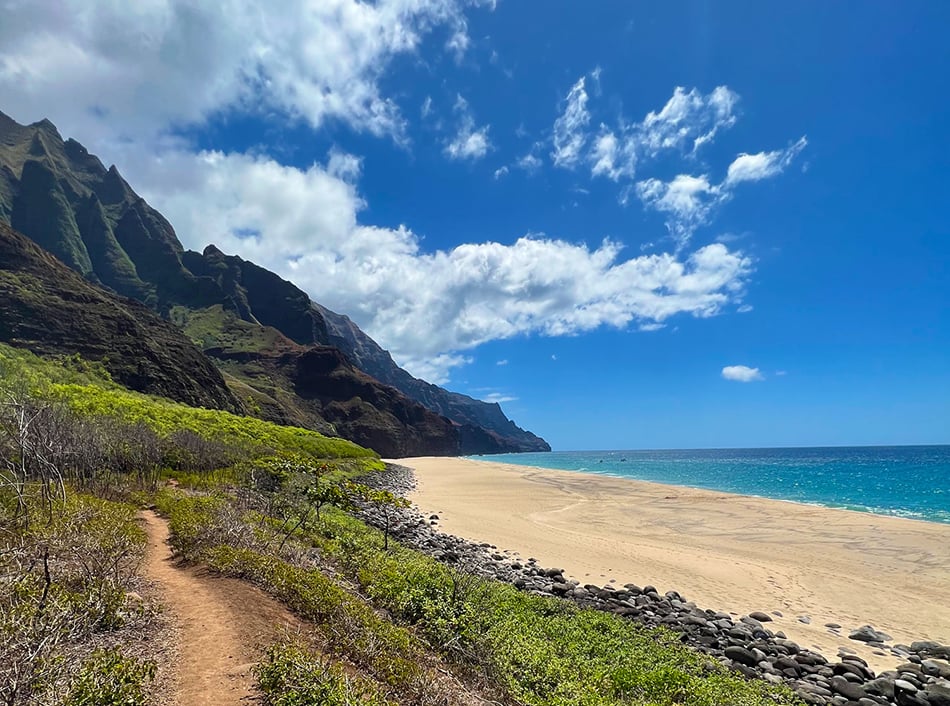 view of a secluded white sand beach along the shores of Kaua'i, Hawai'i