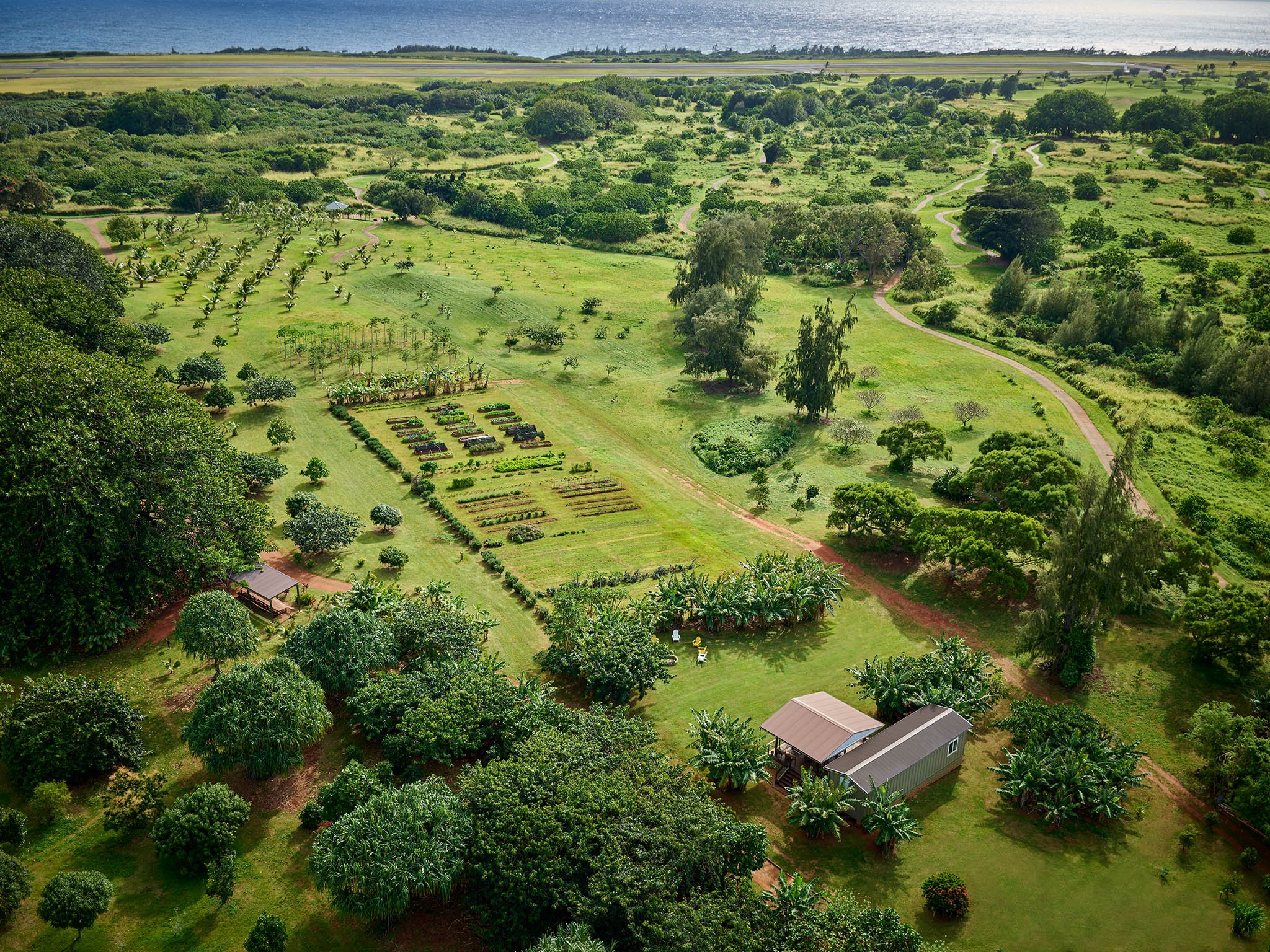 Aerial view of The Farm at Hokuala, an organic 16.5 acre farm within the Hokuala resort on Kauai